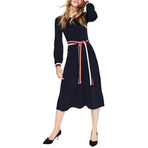 Boden Navy Knit Midi Dress with Red and White Stripe Belt